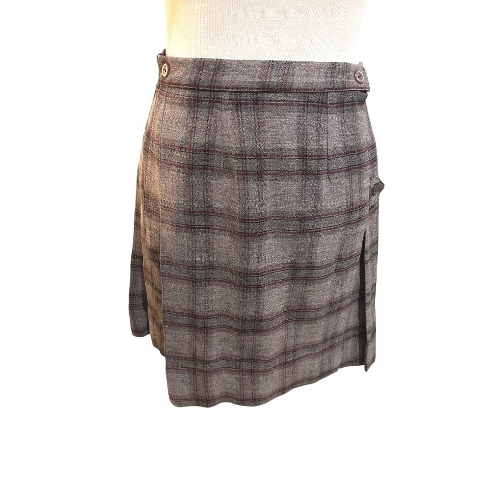Vintage Grey Plaid Pleated Kilt Skirt Burgundy Accent Knee‎ Length Wrap Style